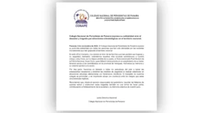 Colegio Nacional de Periodistas de Panamá expresa su solidaridad ante el desastre y tragedia por situaciones climatológicas en el territorio nacional.