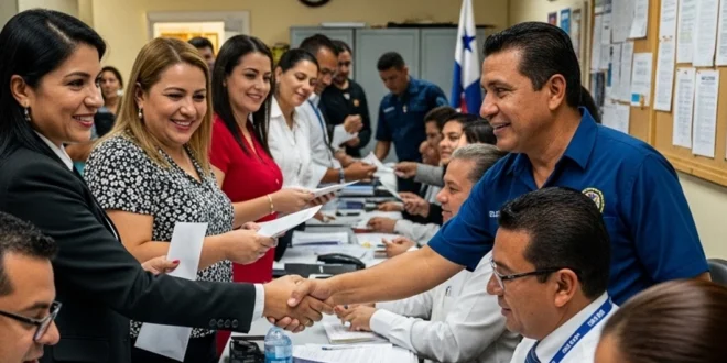 Funcionarios públicos recibiendo el pago del Décimo Tercer Mes en Panamá