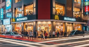 Restaurante de McDonald's iluminado representando su dominio en el mercado global