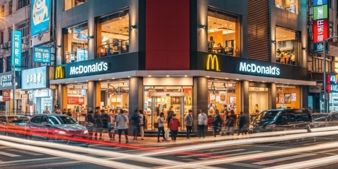 Restaurante de McDonald's iluminado representando su dominio en el mercado global