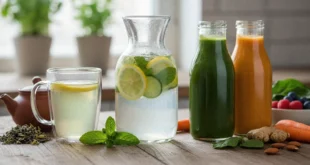 Selección de bebidas naturales como té verde, agua con limón y jugos vegetales para el control glucémico.