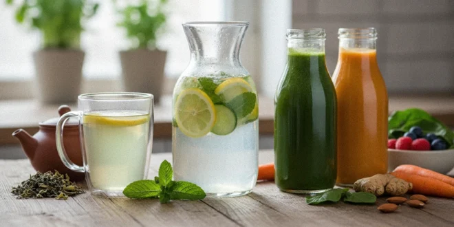 Selección de bebidas naturales como té verde, agua con limón y jugos vegetales para el control glucémico.